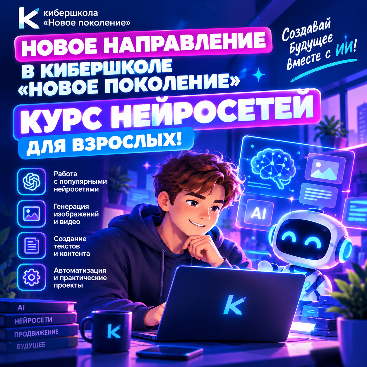 Неоновый курс нейросетей для взрослых — КиберШкола «Новое поколение»